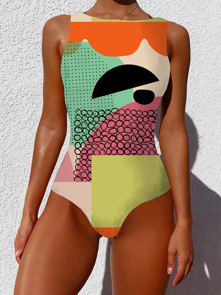 Women One Piece Graffiti Abstract Print Patchwork High Neck Sleeveless Slimming Swimsuit Ins Street