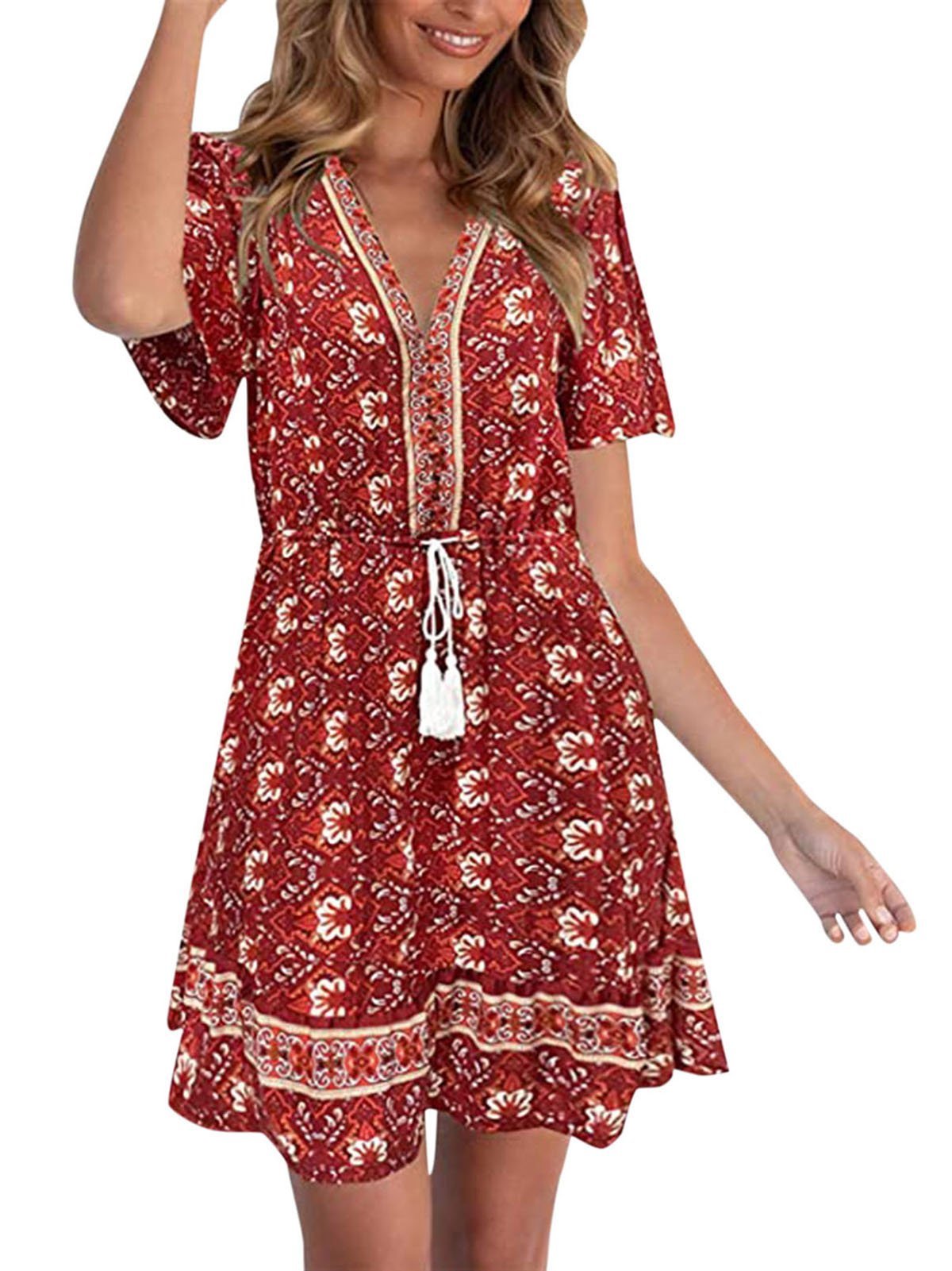 Women Paisley Print Short Sleeve V Neck Mini Dress With Drawstring Ins Street