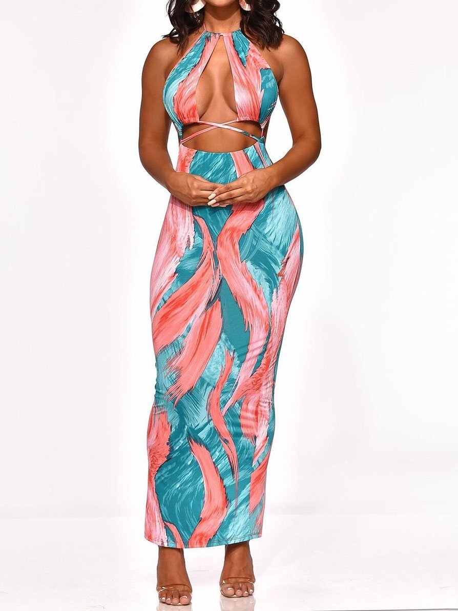 Women Printed Halter Bandage Crop Top & Maxi Dress Sets Ins Street