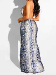 Women Snakeskin  Halter Bandage Crop Top &  Maxi Dress Sets Ins Street