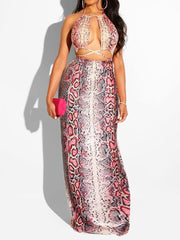 Women Snakeskin  Halter Bandage Crop Top &  Maxi Dress Sets Ins Street