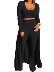 Women Solid Color Knit Crop Top & Wide Leg Pants & Cardigan Sets Ins Street