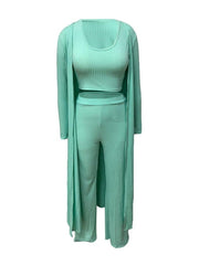 Women Solid Color Knit Crop Top & Wide Leg Pants & Cardigan Sets Ins Street