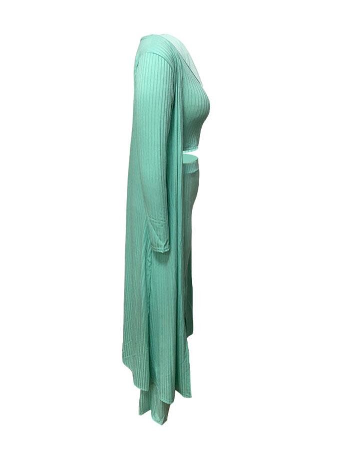 Women Solid Color Knit Crop Top & Wide Leg Pants & Cardigan Sets Ins Street