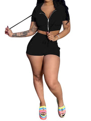 Women Solid Color Lapel Zipper Crop Top & Shorts Two-piece Outfits Ins Street