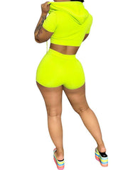 Women Solid Color Lapel Zipper Crop Top & Shorts Two-piece Outfits Ins Street