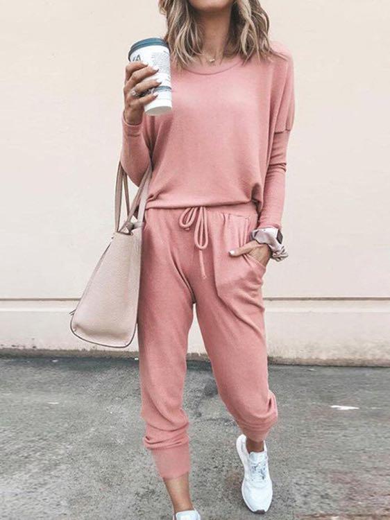 Women Solid Color Long Sleeve Long Pants Pajamas Set Ins Street