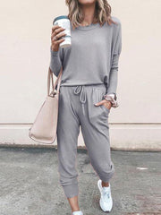 Women Solid Color Long Sleeve Long Pants Pajamas Set Ins Street