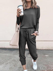 Women Solid Color Long Sleeve Long Pants Pajamas Set Ins Street