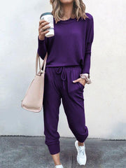 Women Solid Color Long Sleeve Long Pants Pajamas Set Ins Street