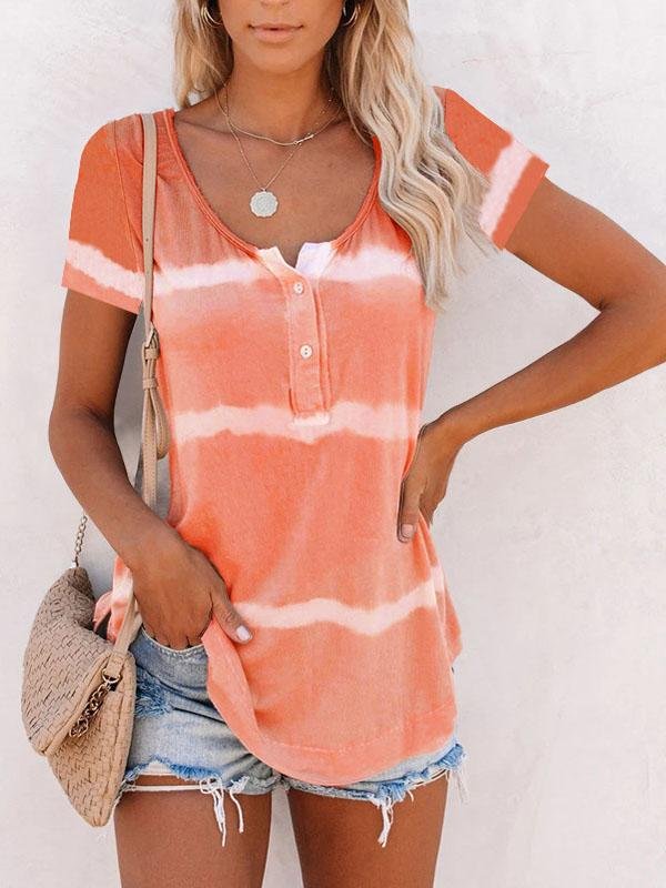 Women Stripes Printed Scoop Neck Short Sleeve T-shirts Ins Street