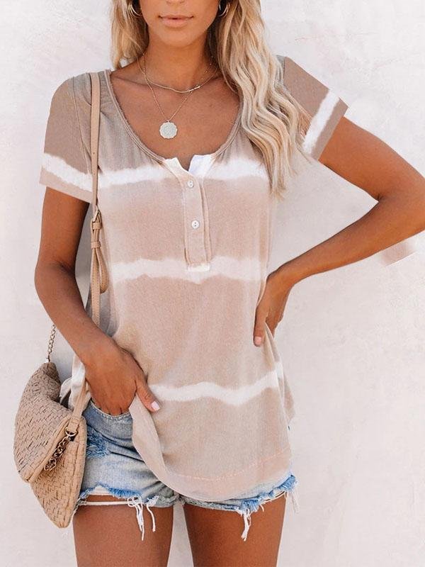 Women Stripes Printed Scoop Neck Short Sleeve T-shirts Ins Street