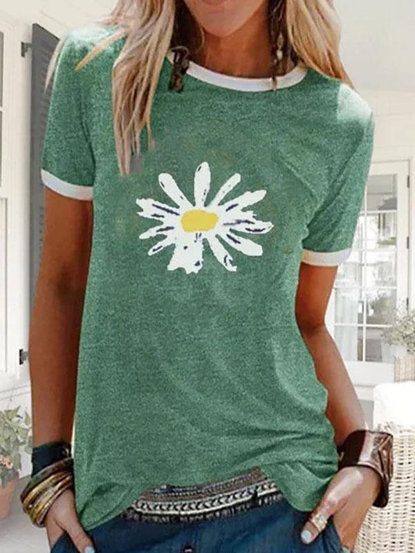 Women Sunflower Printed Round Neck Short Sleeve T-shirt Ins Street