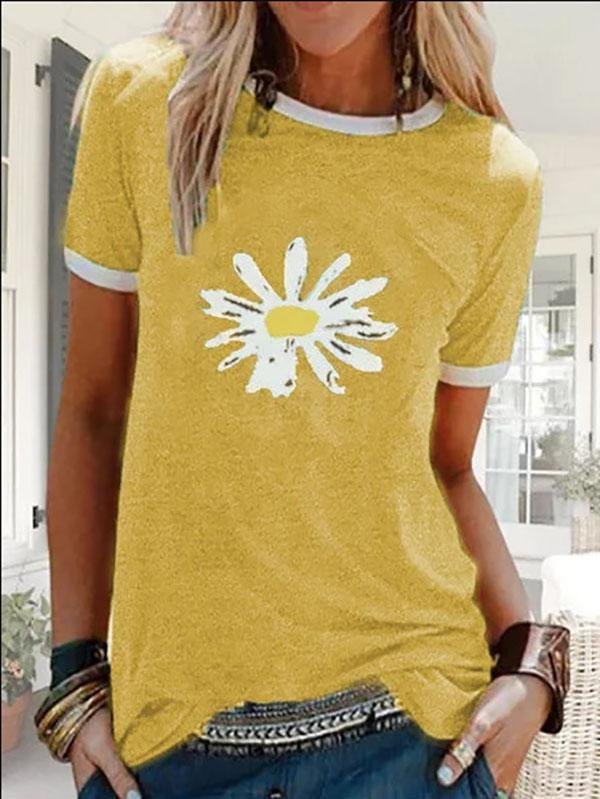 Women Sunflower Printed Round Neck Short Sleeve T-shirt Ins Street