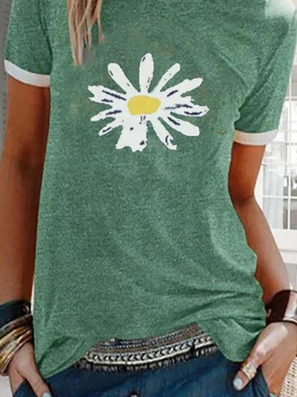 Women Sunflower Printed Round Neck Short Sleeve T-shirt Ins Street