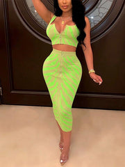 Women Zipper Up Square Neck Crop Top & Pencil Midi Skirts Set Ins Street