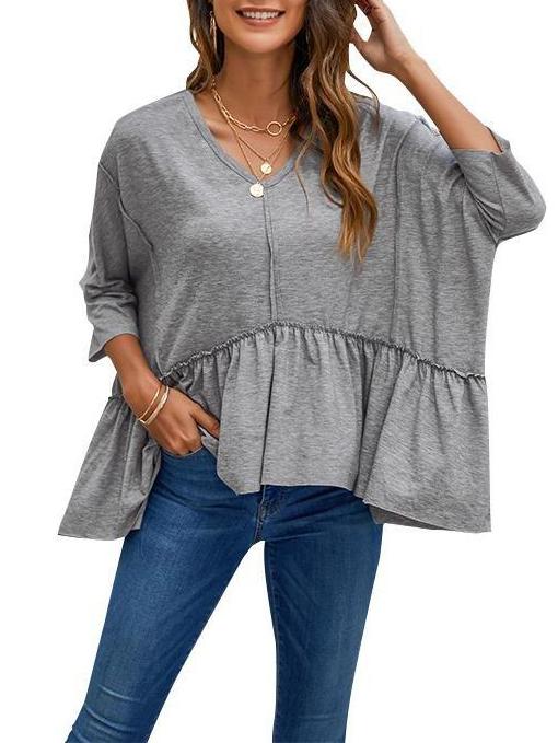 Asymmetry Ruffled V Neck T-Shirt