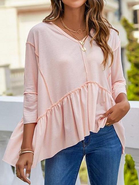 Asymmetry Ruffled V Neck T-Shirt