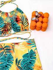 Bikinis Leaf Print Hanging Neck Two-Piece Swimsuit