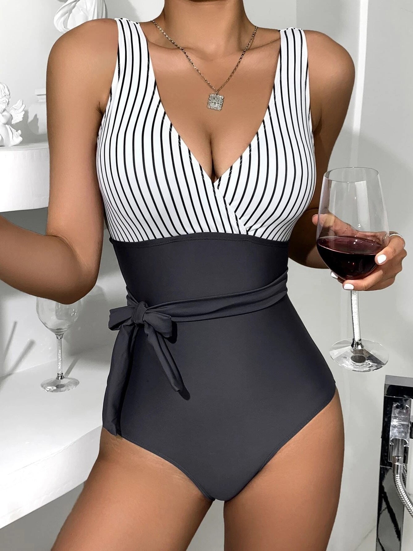 Bikinis Striped Print V-Neck Belted One-Piece Swimsuit Ins Street