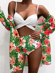 Bikinis Tropical Botanical Print Three Piece Bikini Ins Street