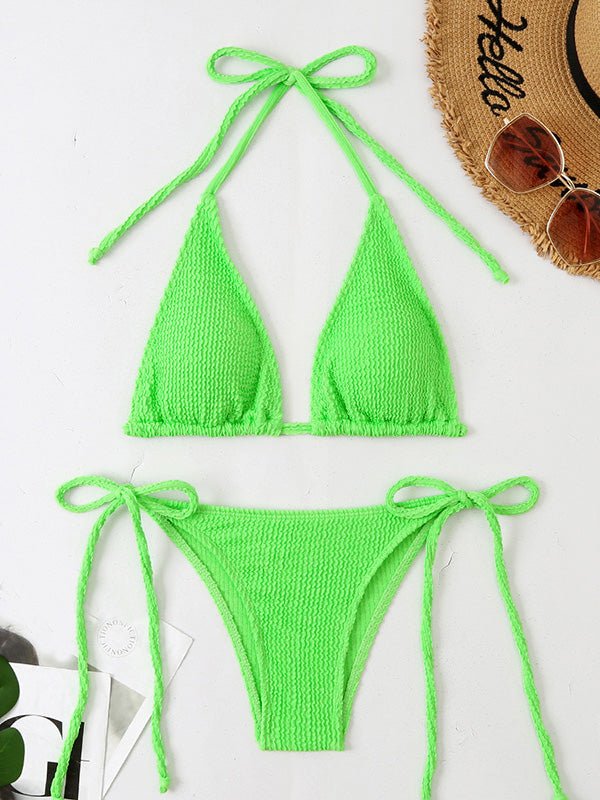 Bikinis Wavy Hanging Neck Belted Swimsuit Bikini Ins Street