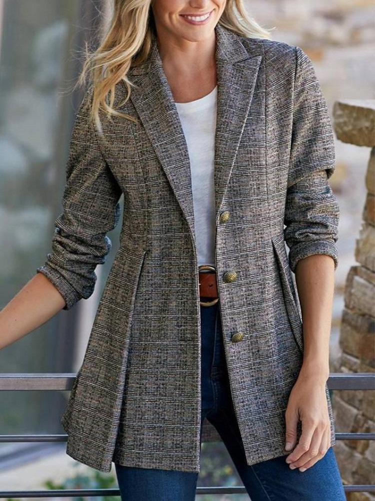 Blazer Lapel Check Print Button Ruffle Hem Blazer Ins Street