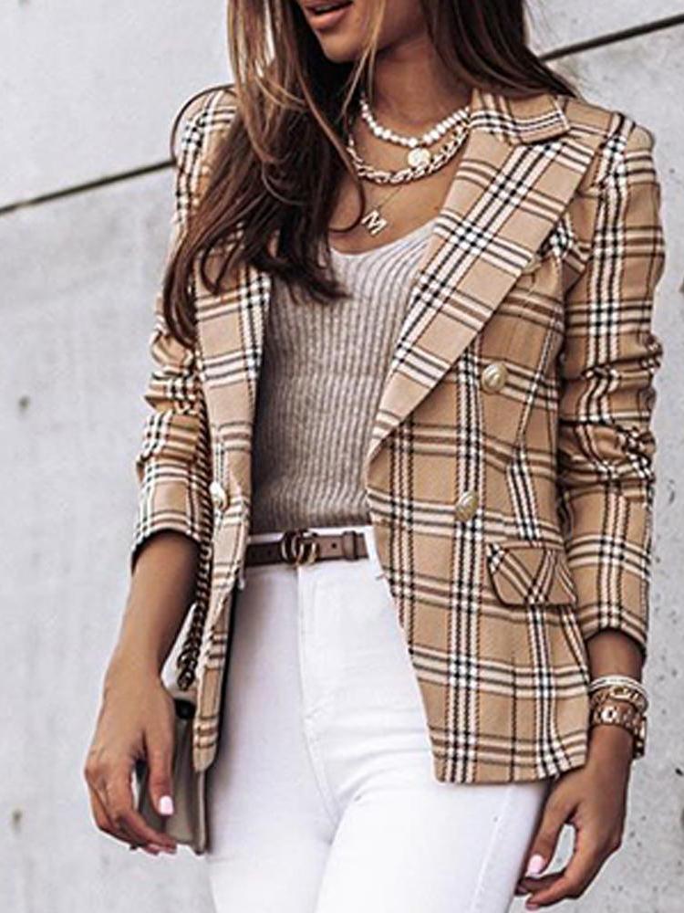 Blazers Double-Breasted Plaid Printed Long Sleeve Blazer Ins Street