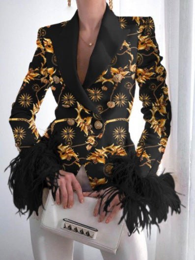 Blazers Fashion Print Button Long Sleeve Feather Blazer Ins Street