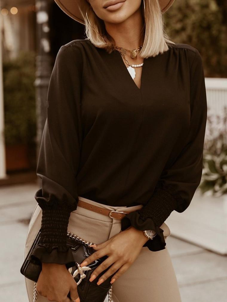 Blouse Pure Simple V-Neck Long Sleeve Blouse