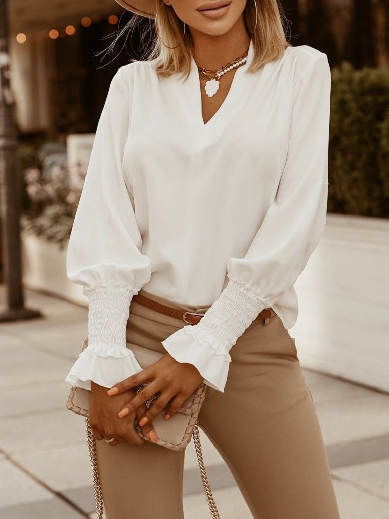 Blouse Pure Simple V-Neck Long Sleeve Blouse