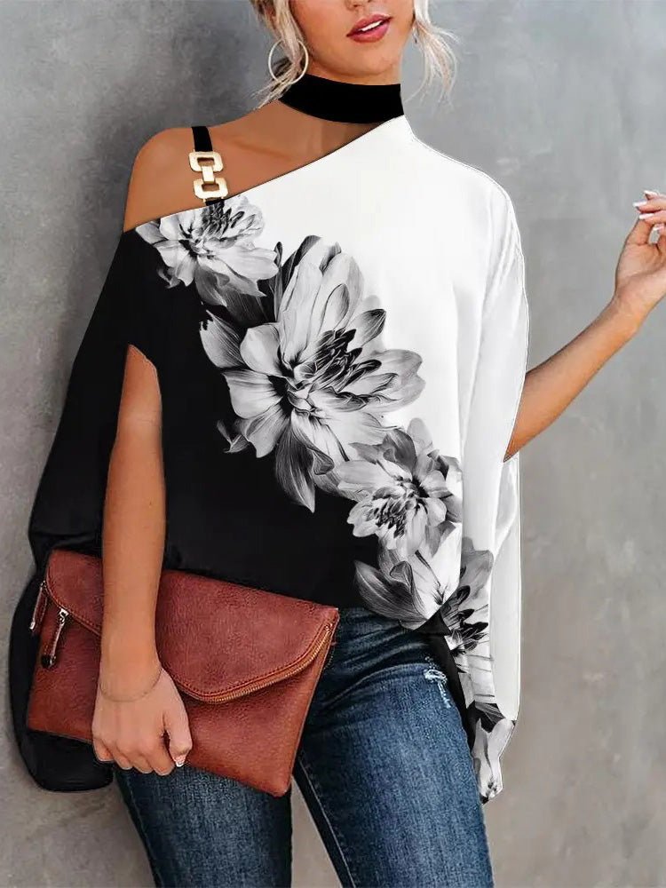 Halter Neck Off Shoulder Doll Sleeve Print Blouse Ins Street