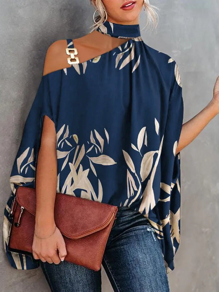 Halter Neck Off Shoulder Doll Sleeve Print Blouse Ins Street