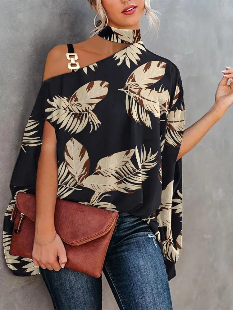 Halter Neck Off Shoulder Doll Sleeve Print Blouse Ins Street