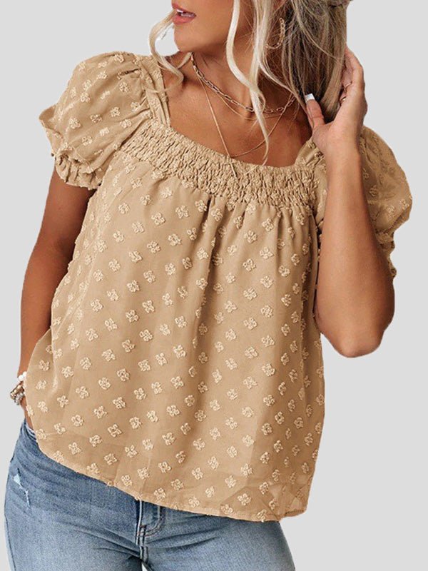 Jacquard Dots Square Neck Short Sleeve Blouse Ins Street