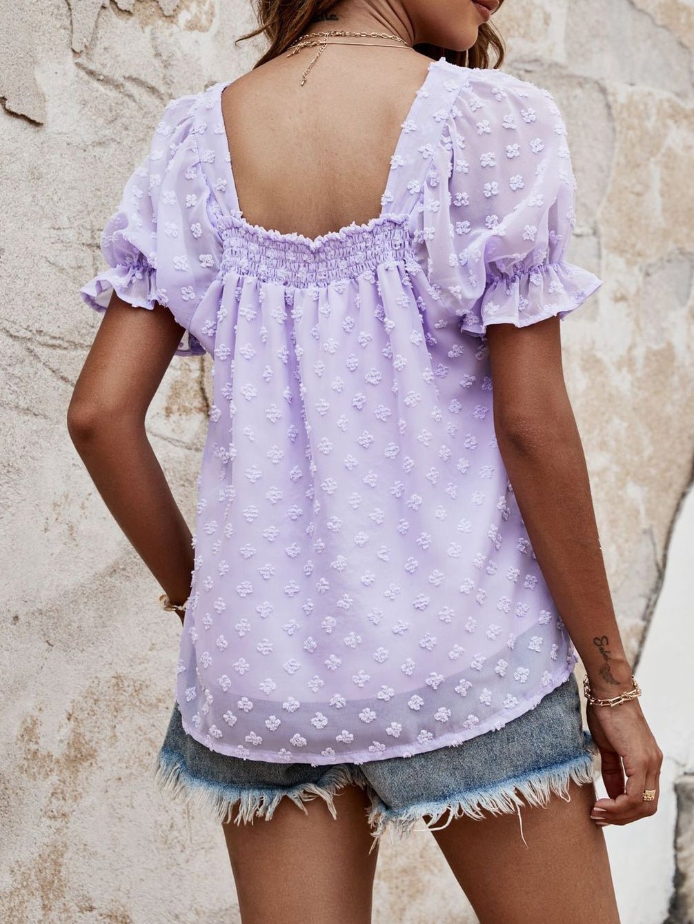 Jacquard Dots Square Neck Short Sleeve Blouse Ins Street