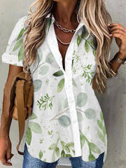 Leaf Print Lapel Button Short Sleeve Blouse Ins Street