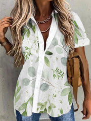 Leaf Print Lapel Button Short Sleeve Blouse Ins Street