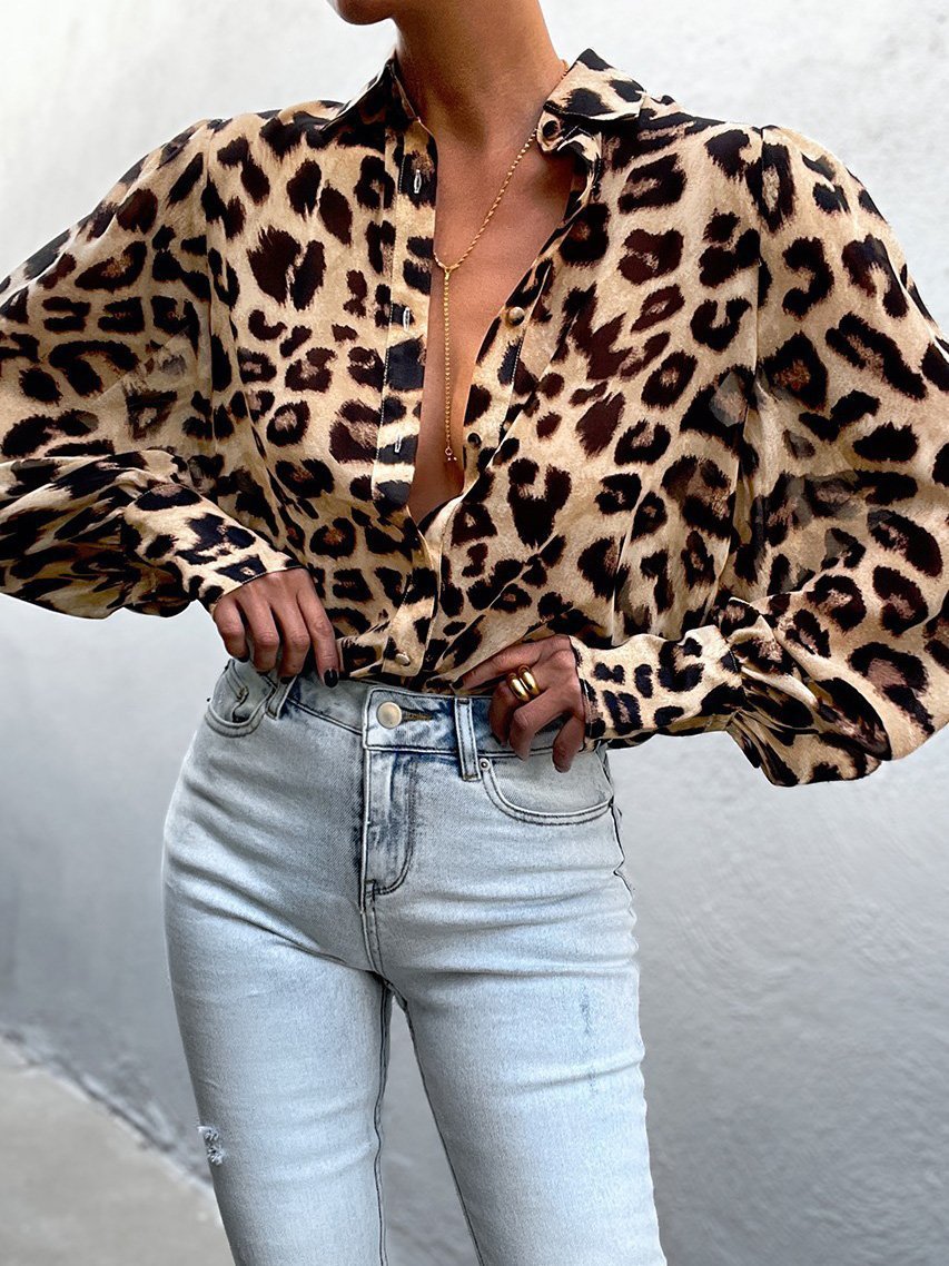 Blouses Leopard Print Bubble Long Sleeve Buttons Blouses