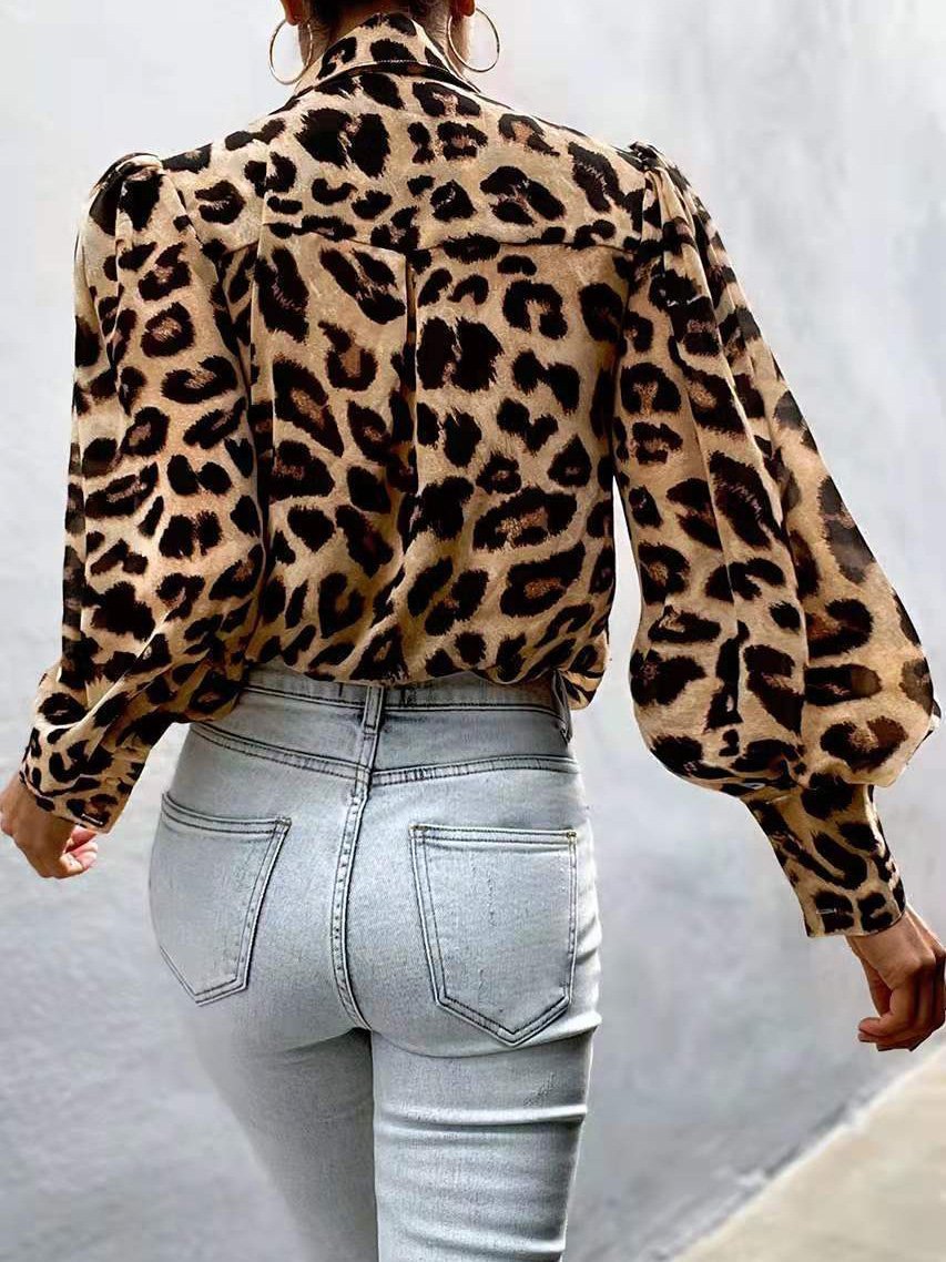 Blouses Leopard Print Bubble Long Sleeve Buttons Blouses