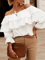 One-Shoulder Ruffle Short Sleeve Blouse Ins Street