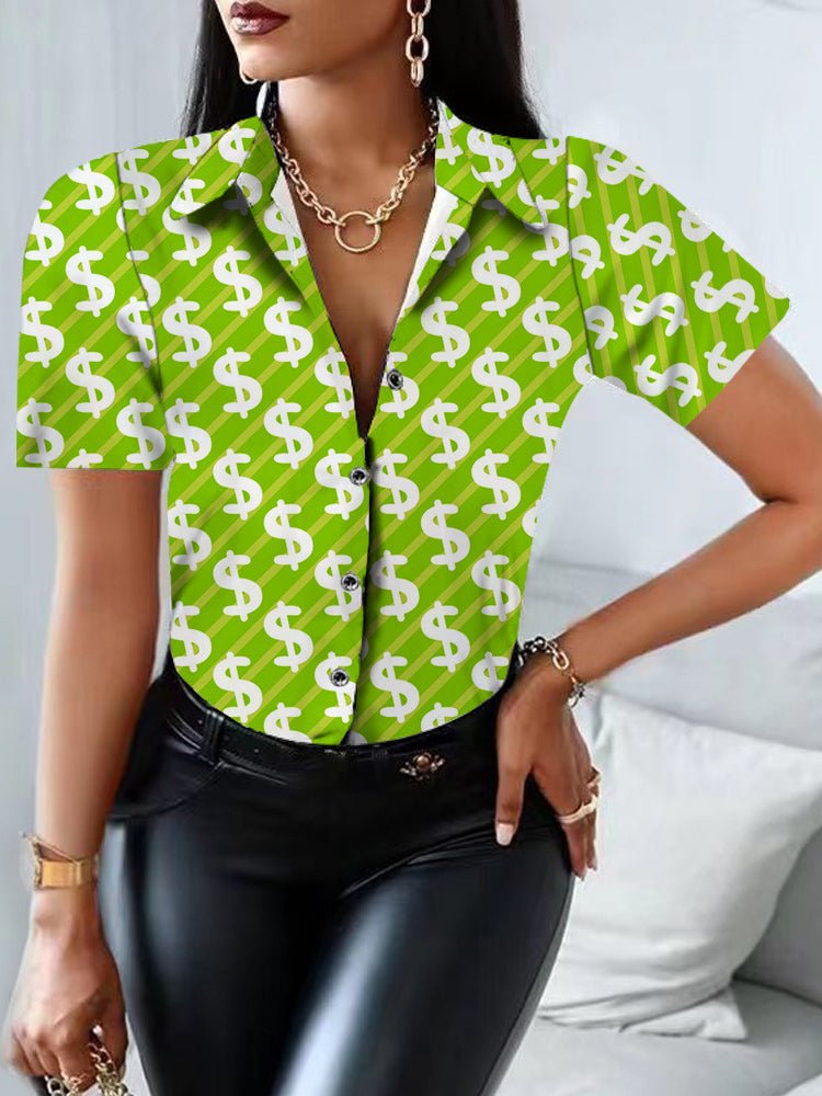 Printed Lapel Button Short Sleeve Blouse Ins Street