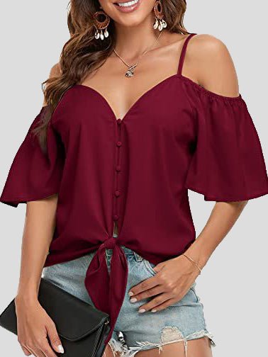 Sling Single Breasted Knotted Off Shoulder Blouse Ins Street