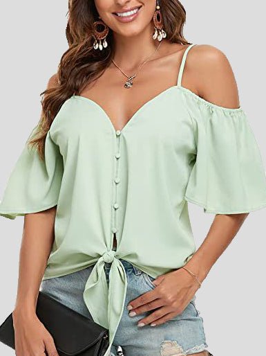 Sling Single Breasted Knotted Off Shoulder Blouse Ins Street