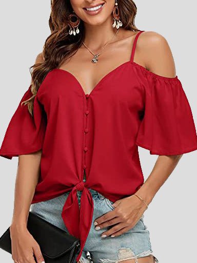 Sling Single Breasted Knotted Off Shoulder Blouse Ins Street