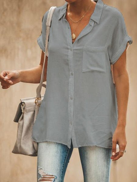 Solid Lapel Short Sleeve Pocket Blouse Ins Street