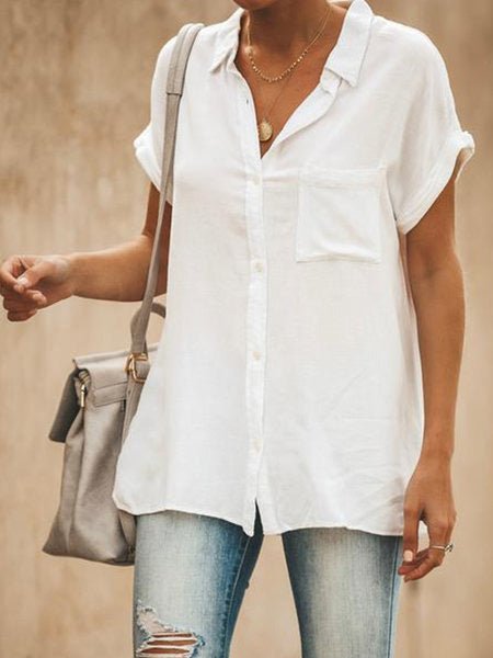 Solid Lapel Short Sleeve Pocket Blouse Ins Street