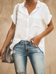 Solid Lapel Short Sleeve Pocket Blouse Ins Street