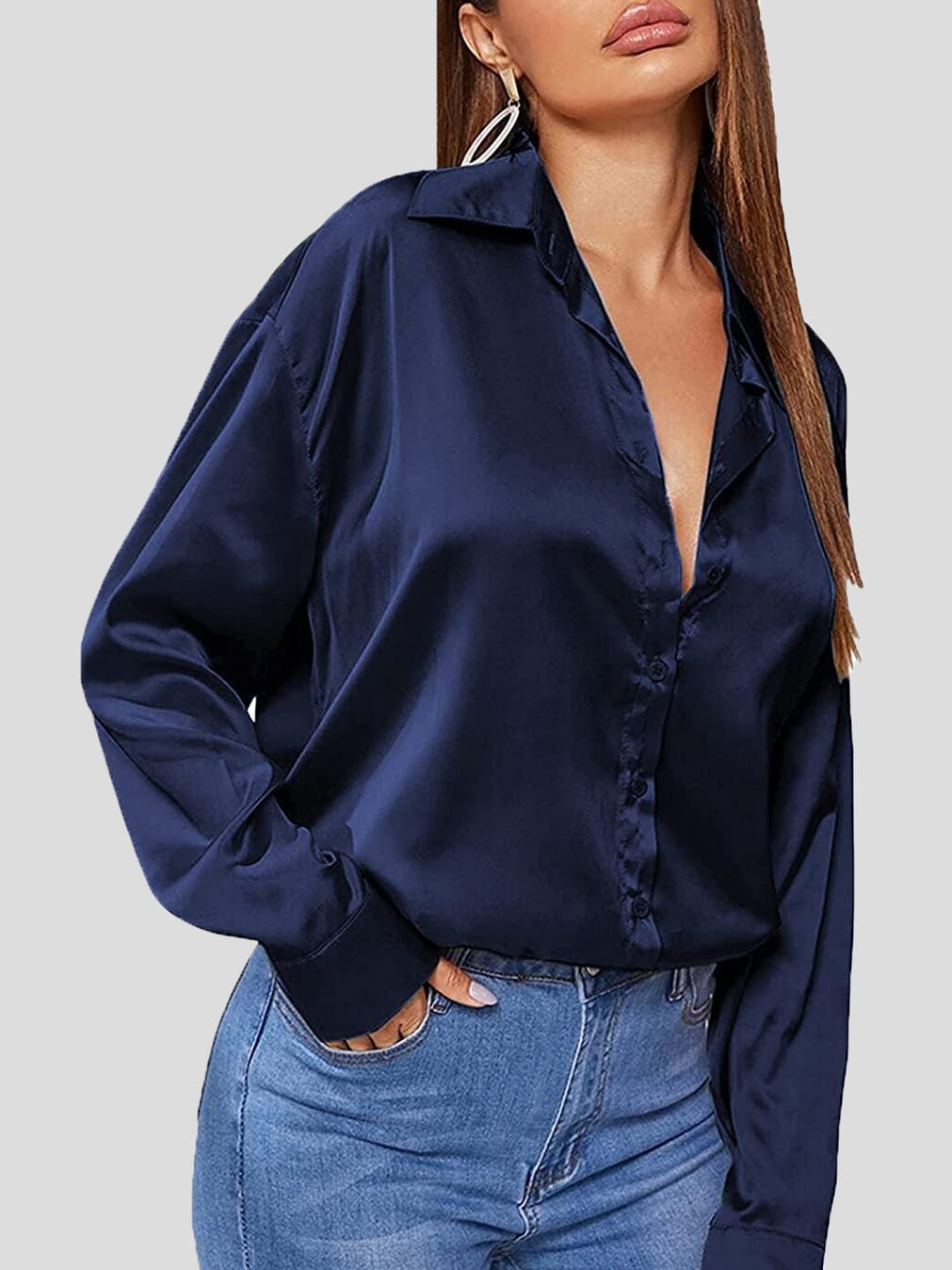 Solid Satin POLO Neck Long Sleeve Blouse Ins Street