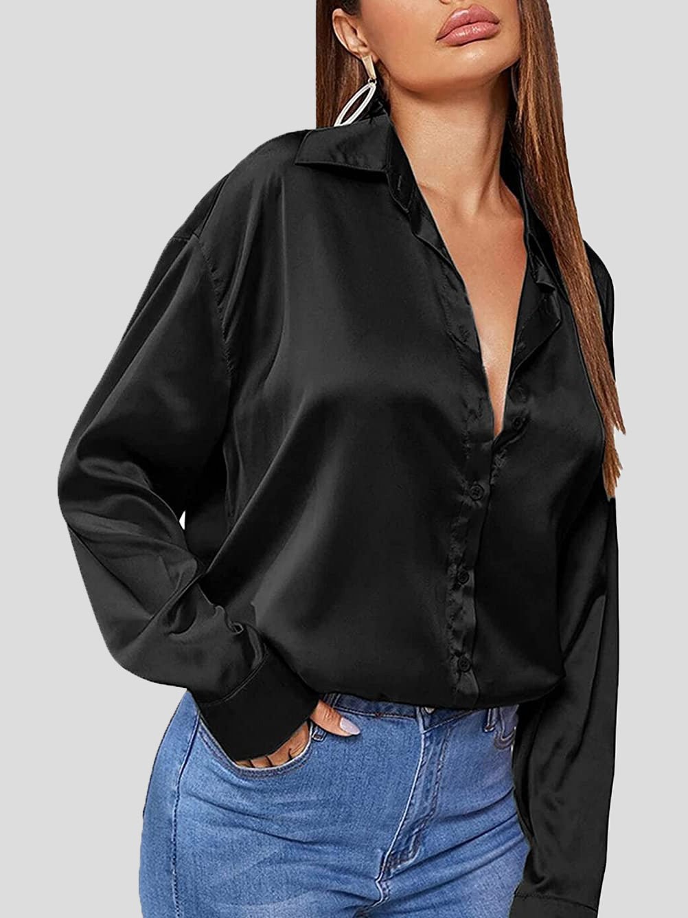 Solid Satin POLO Neck Long Sleeve Blouse Ins Street